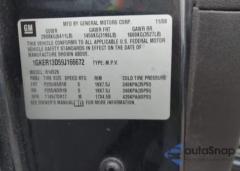 2009 GMC Acadia Sle-1 z USA, uszkodzony, nr VIN 1GKER13D59J166672